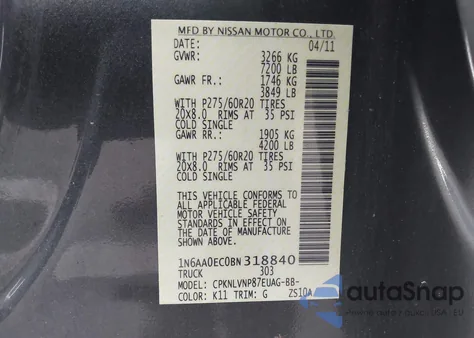 2011 Nissan Titan Sl z USA, uszkodzony, nr VIN 1N6AA0EC0BN318840